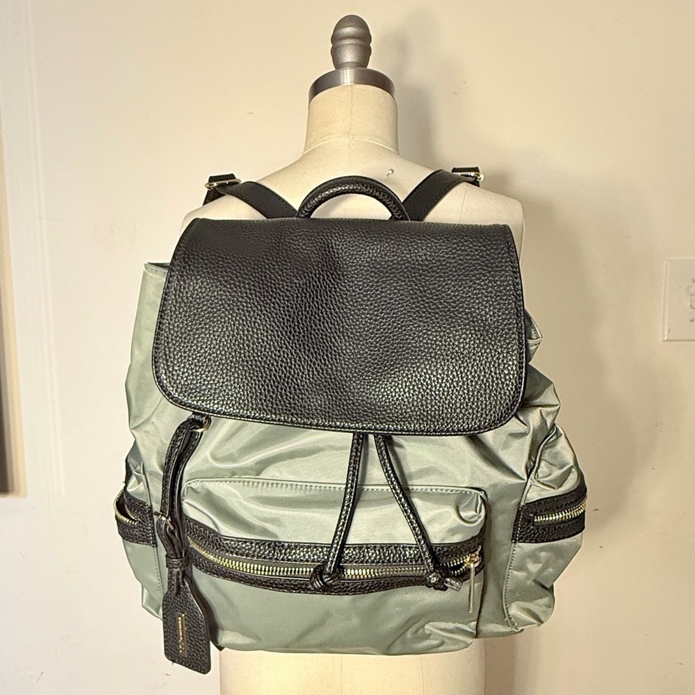 Neiman Marcus Olive Nylon Backpack Black Faux Leather Trim Gold Hardware NWOT